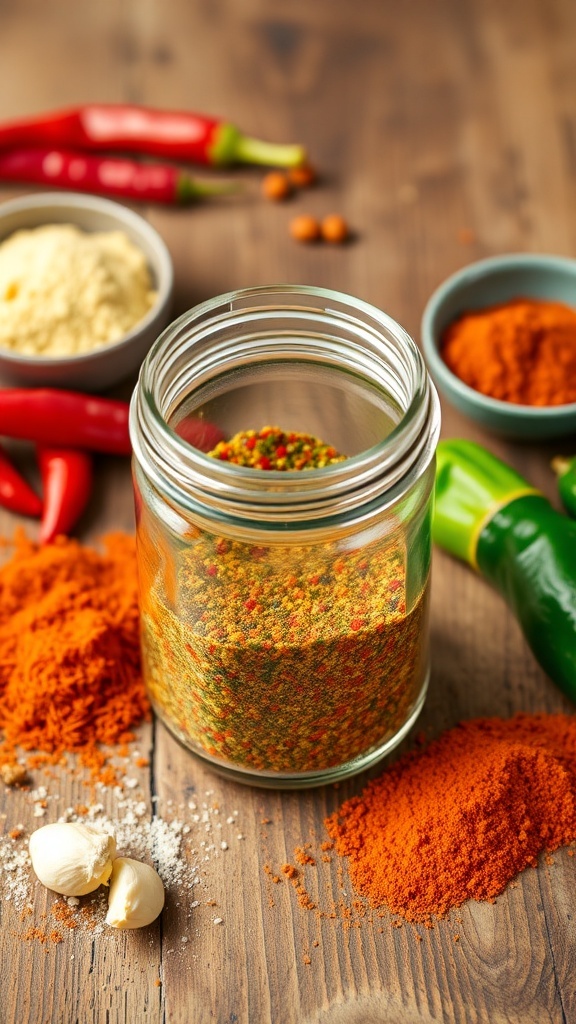 A jar of homemade fajita seasoning with spices on a wooden table.